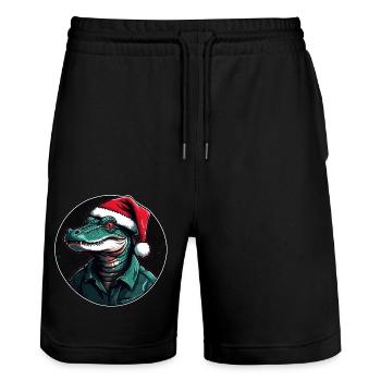 Lustiger Alligator mit Nikolausmütze im Kreis - Stanley/Stella Unisex Bio Joggingshorts Trainer  - Schwarz - Vorne - Nik (191cm) & Marisol (170cm)
