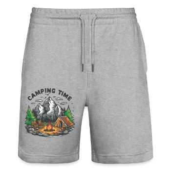Camping Voyage dans le temps Aventure Vacances Feu de camp - Short de jogging bio TRAINER Stanley/Stella unisexe - gris chiné - Devant - Nik (191cm) & Marisol (170cm)