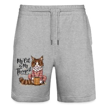 My Cat Is My Therapist Cat Lover Gift - Stanley/Stella Trainer Unisex Organic Jogging Shorts - heather grey - Front - Nik (191cm) & Marisol (170cm)