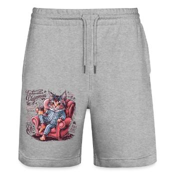 Drôle de chat en pyjama et chats tasse de café - Short de jogging bio TRAINER Stanley/Stella unisexe - gris chiné - Devant - Nik (191cm) & Marisol (170cm)