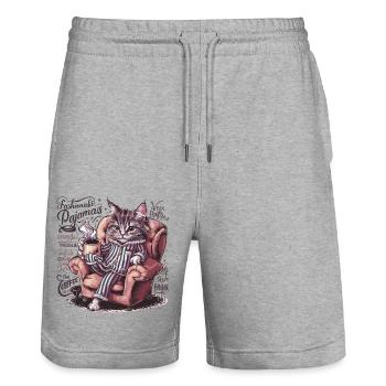 Lustige Katze im Pyjama und Kaffeetasse Katzen - Stanley/Stella Unisex Bio Joggingshorts Trainer  - Grau meliert - Vorne - Nik (191cm) & Marisol (170cm)