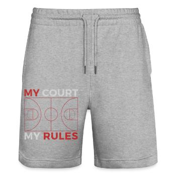 MON TERRAIN MES RÈGLES BASKET-BALL ROUGE GRIS GRUNGE - Short de jogging bio TRAINER Stanley/Stella unisexe - gris chiné - Devant - Nik (191cm) & Marisol (170cm)