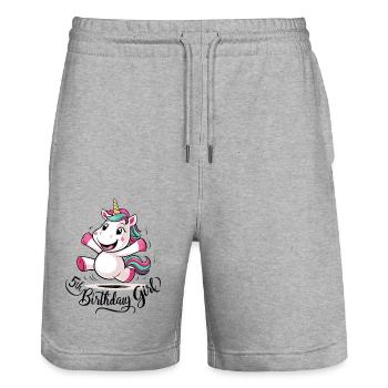 Licorne 5e anniversaire fille cadeau créatures mythiques - Short de jogging bio TRAINER Stanley/Stella unisexe - gris chiné - Devant - Nik (191cm) & Marisol (170cm)