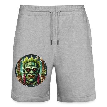 Tiki / Hawaii / Tropical / Island / Culture / Logo - Stanley/Stella Trainer Unisex Organic Jogging Shorts - heather grey - Front - Nik (191cm) & Marisol (170cm)