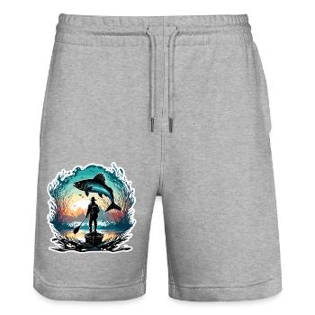 Angler Siluette / angeln / Fisch / See / Sport - Stanley/Stella Unisex Bio Joggingshorts Trainer  - Grau meliert - Vorne - Nik (191cm) & Marisol (170cm)