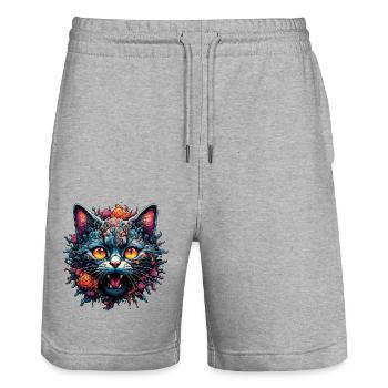 Chat cool / Drôle / Animal / Animal de compagnie / Fou - Short de jogging bio TRAINER Stanley/Stella unisexe - gris chiné - Devant - Nik (191cm) & Marisol (170cm)