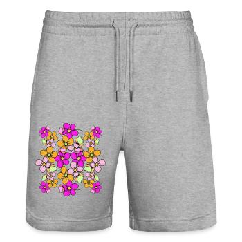 Blumenranke Schmetterlinge Blumenmuster bunt Blüte - Stanley/Stella Unisex Bio Joggingshorts Trainer  - Grau meliert - Vorne - Nik (191cm) & Marisol (170cm)