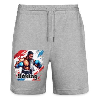 Boxeur / Sports / Combat / Arène / Ring de boxe / Poings - Short de jogging bio TRAINER Stanley/Stella unisexe - gris chiné - Devant - Nik (191cm) & Marisol (170cm)