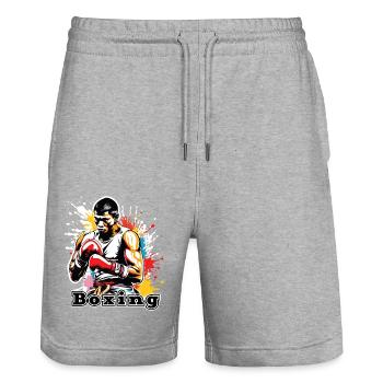Boxeur / Sports / Combat / Arène / Ring de boxe / Poings - Short de jogging bio TRAINER Stanley/Stella unisexe - gris chiné - Devant - Nik (191cm) & Marisol (170cm)