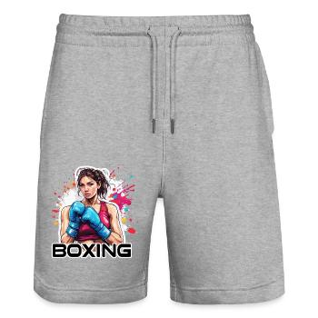 Boxeur / Sports / Combat / Arène / Ring de boxe / Poings - Short de jogging bio TRAINER Stanley/Stella unisexe - gris chiné - Devant - Nik (191cm) & Marisol (170cm)