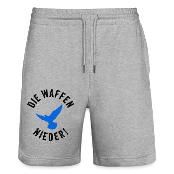 DIE WAFFEN NIEDER! - Stanley/Stella Unisex Bio Joggingshorts Trainer  - Grau meliert - Vorne - Nik (191cm) & Marisol (170cm)