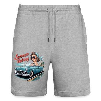 Holiday Cabrio Ride Lifestyle 1950s 1960s - Stanley/Stella Trainer Unisex Organic Jogging Shorts - heather grey - Front - Nik (191cm) & Marisol (170cm)