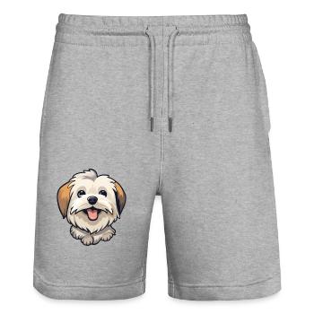 Lowchen chien race aquarelle dessin animé Kawaii Clipar - Short de jogging bio TRAINER Stanley/Stella unisexe - gris chiné - Devant - Nik (191cm) & Marisol (170cm)