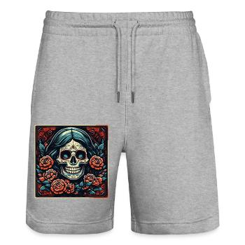 La Catrina / Dia de Muertos / Tatouage / Culture - Short de jogging bio TRAINER Stanley/Stella unisexe - gris chiné - Devant - Nik (191cm) & Marisol (170cm)