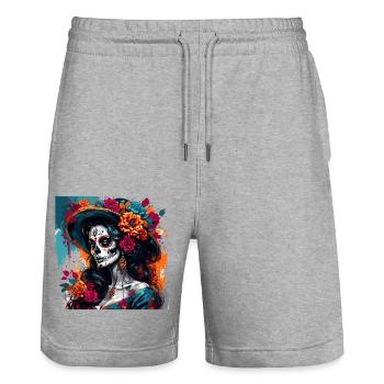 La Catrina/ Tattoo / Mexiko / Totenkopf / Skull - Stanley/Stella Unisex Bio Joggingshorts Trainer  - Grau meliert - Vorne - Nik (191cm) & Marisol (170cm)