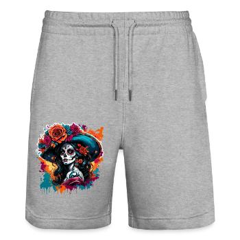 La Catrina/ Tattoo / Mexiko / Totenkopf / Skull - Stanley/Stella Unisex Bio Joggingshorts Trainer  - Grau meliert - Vorne - Nik (191cm) & Marisol (170cm)
