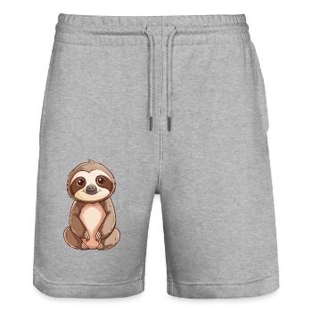 Autocollant mignon de paresseux souriant - Short de jogging bio TRAINER Stanley/Stella unisexe - gris chiné - Devant - Nik (191cm) & Marisol (170cm)