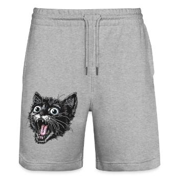 Surprised black cat with big eyes - Stanley/Stella Trainer Unisex Organic Jogging Shorts - heather grey - Front - Nik (191cm) & Marisol (170cm)