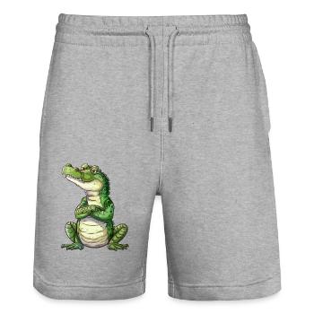 Dessin animé de crocodile drôle et détendu - Short de jogging bio TRAINER Stanley/Stella unisexe - gris chiné - Devant - Nik (191cm) & Marisol (170cm)