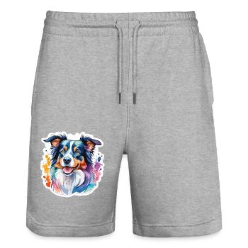 Border Collie Watercolors - Stanley/Stella Trainer Unisex Organic Jogging Shorts - heather grey - Front - Nik (191cm) & Marisol (170cm)