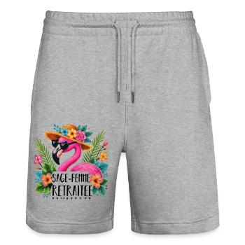 Sage-femme retraitée cadeau retraite flamant rose - Short de jogging bio TRAINER Stanley/Stella unisexe - gris chiné - Devant - Nik (191cm) & Marisol (170cm)
