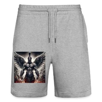 SPARTANER - KRIEGER MIT HELM - RÜSTUNG - FLÜGEL - Stanley/Stella Unisex Bio Joggingshorts Trainer  - Grau meliert - Vorne - Nik (191cm) & Marisol (170cm)