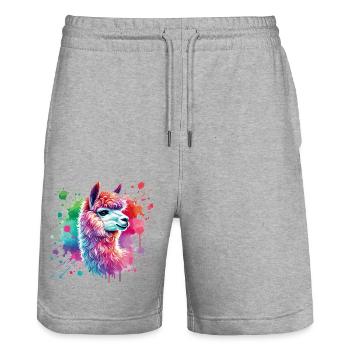 Lama, Alpaka Aquarell - Stanley/Stella Unisex Bio Joggingshorts Trainer  - Grau meliert - Vorne - Nik (191cm) & Marisol (170cm)