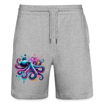 Bunter Aquarell-Oktopus - Stanley/Stella Unisex Bio Joggingshorts Trainer  - Grau meliert - Vorne - Nik (191cm) & Marisol (170cm)