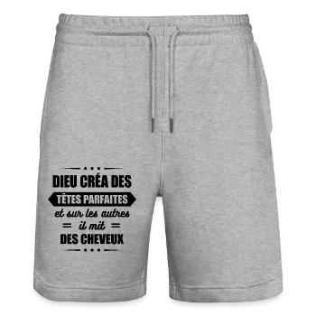 DIEU CREA DES TETES PARFAITES DE CHAUVES - Short de jogging bio TRAINER Stanley/Stella unisexe - gris chiné - Devant - Nik (191cm) & Marisol (170cm)