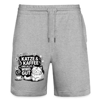 Katze und Kaffee und alles wird gut - Stanley/Stella Unisex Bio Joggingshorts Trainer  - Grau meliert - Vorne - Nik (191cm) & Marisol (170cm)