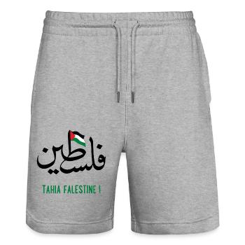 CalligraphiePalestine en arabe Tahia Falestine ! - Short de jogging bio TRAINER Stanley/Stella unisexe - gris chiné - Devant - Nik (191cm) & Marisol (170cm)