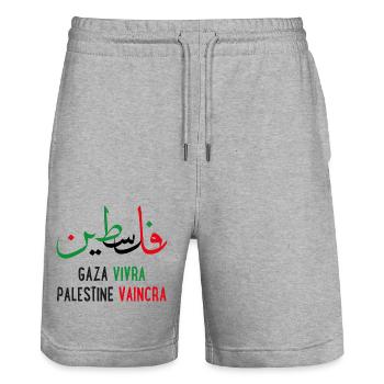 Calligraphie Palestine en arabe Gaza vivra vaincra - Short de jogging bio TRAINER Stanley/Stella unisexe - gris chiné - Devant - Nik (191cm) & Marisol (170cm)