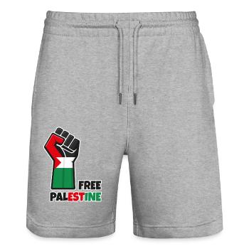 Poing levé avec drapeau palestine. Free Palestine - Short de jogging bio TRAINER Stanley/Stella unisexe - gris chiné - Devant - Nik (191cm) & Marisol (170cm)