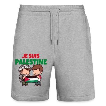 Je suis Palestine. Amis avec drapeau et Keffieh - Short de jogging bio TRAINER Stanley/Stella unisexe - gris chiné - Devant - Nik (191cm) & Marisol (170cm)