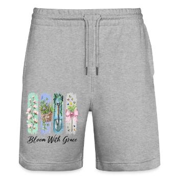 Floraison avec Grace Jardin Fleurs Art - Short de jogging bio TRAINER Stanley/Stella unisexe - gris chiné - Devant - Nik (191cm) & Marisol (170cm)