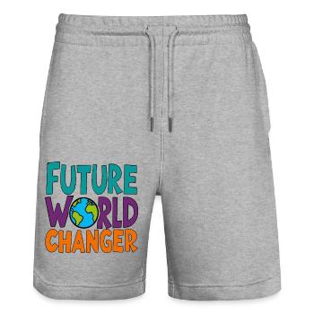 Future World Changer - Globe Saying - Stanley/Stella Trainer Unisex Organic Jogging Shorts - heather grey - Front - Nik (191cm) & Marisol (170cm)