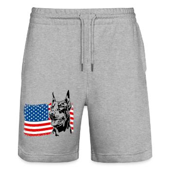 Dobermann Amerika Fahne Hunde Dobie Wilsigns - Stanley/Stella Unisex Bio Joggingshorts Trainer  - Grau meliert - Vorne - Nik (191cm) & Marisol (170cm)