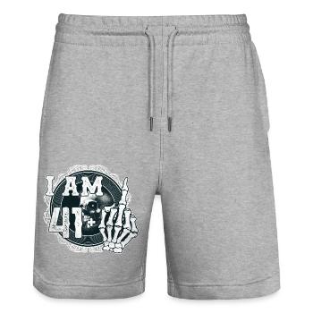 I'm 41 plus 1 middle finger Skull funny 42nd - Stanley/Stella Trainer Unisex Organic Jogging Shorts - heather grey - Front - Nik (191cm) & Marisol (170cm)