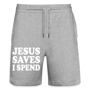 jesus saves i spend - Stanley/Stella Unisex Bio Joggingshorts Trainer  - Grau meliert - Vorne - Nik (191cm) & Marisol (170cm)