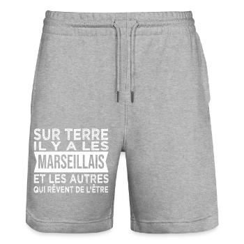 sur terre il y a les Marseillais Humour Marseille - Short de jogging bio TRAINER Stanley/Stella unisexe - gris chiné - Devant - Nik (191cm) & Marisol (170cm)