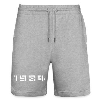 Année de naissance Anniversaire Né(e) en 1984 - Short de jogging bio TRAINER Stanley/Stella unisexe - gris chiné - Devant - Nik (191cm) & Marisol (170cm)
