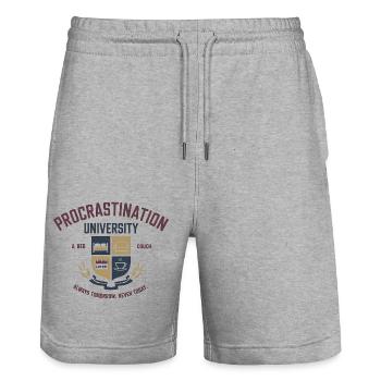 Prokrastination University - Aufschieberitis Desig - Stanley/Stella Unisex Bio Joggingshorts Trainer  - Grau meliert - Vorne - Nik (191cm) & Marisol (170cm)