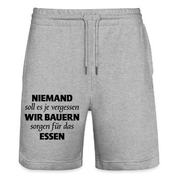 No one should forget: farmers provide food - Stanley/Stella Trainer Unisex Organic Jogging Shorts - heather grey - Front - Nik (191cm) & Marisol (170cm)