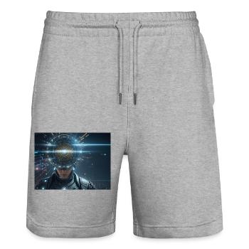 Synthesis of the future of technology - Stanley/Stella Trainer Unisex Organic Jogging Shorts - heather grey - Front - Nik (191cm) & Marisol (170cm)