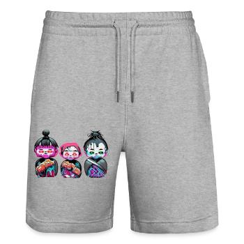 Japanese trio neon graffiti - Stanley/Stella Trainer Unisex Organic Jogging Shorts - heather grey - Front - Nik (191cm) & Marisol (170cm)