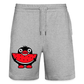 Pinguin isst Melone Obst lecker Hunger beißen Cool - Stanley/Stella Unisex Bio Joggingshorts Trainer  - Grau meliert - Vorne - Nik (191cm) & Marisol (170cm)