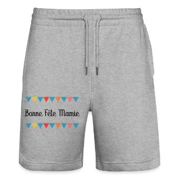 MAMIE. FÊTE DES MÈRES. BONNE FÊTE MAMIE. JE T'AIME - Short de jogging bio TRAINER Stanley/Stella unisexe - gris chiné - Devant - Nik (191cm) & Marisol (170cm)