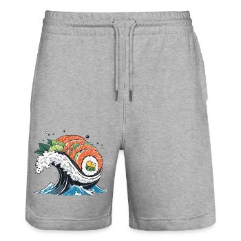 Ukiyo-E Sushi Wave Aesthetic Design - Stanley/Stella Trainer Unisex Organic Jogging Shorts - heather grey - Front - Nik (191cm) & Marisol (170cm)