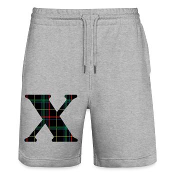 Monogram x Scottish tartan - Stanley/Stella Trainer Unisex Organic Jogging Shorts - heather grey - Front - Nik (191cm) & Marisol (170cm)