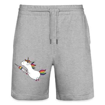 Licorne Immunicorn avec seringue arc-en-ciel - Short de jogging bio TRAINER Stanley/Stella unisexe - gris chiné - Devant - Nik (191cm) & Marisol (170cm)